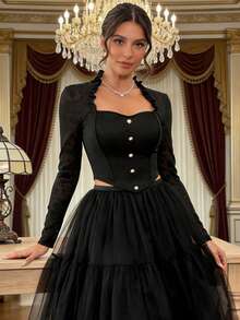 1 pieza Blusa de mujer con cuello cuadrado, volantes, botones de perla y encaje de manga larga tipo corsé, prenda exterior sexy para fiesta, Navidad, Día de San Valentín - Negro - Ver 3