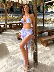 Women's Summer Vacation Light Purple Floral Tie Dye Print Halter Casual Bikini Set With Skirt