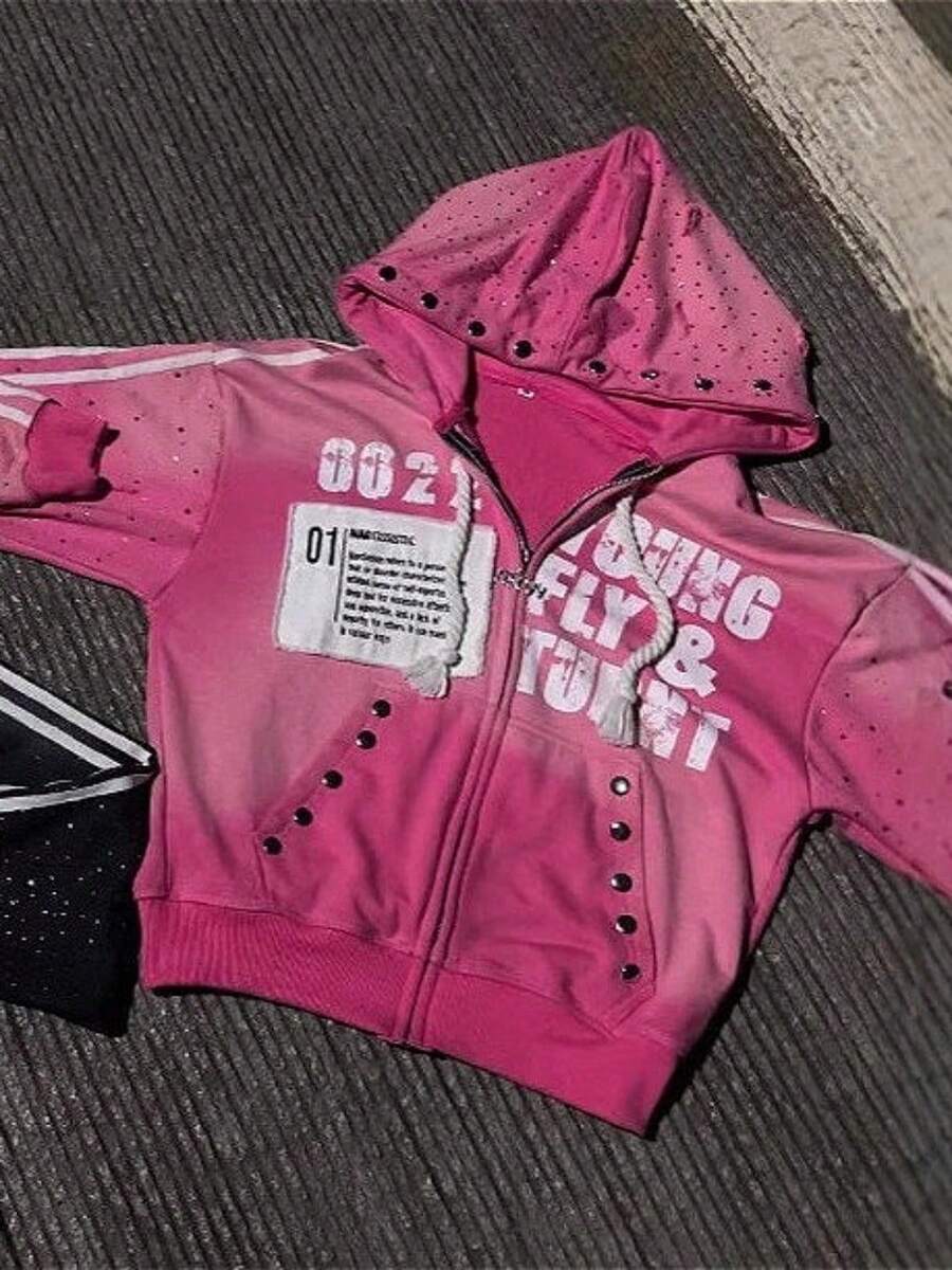 Versatile Fashion Street  Personality Hooded Zipper Sweater Comfortable Casual Jacket Sweater Letter Printing - 粉色 - 查看 1