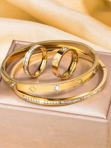 4pcs Stainless Steel Clover Bangle & Ring Set, Gold-Tone With Shiny Rhinestones, Suitable For Women's Daily, Party, Outdoor, Dating, Music Festival, Great Gift For Girlfriend, Mom, Sister, Wife - 4-piece Four-leaf Clover Set - View 2