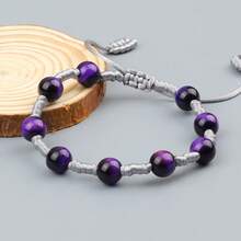 1 pieza Pulsera de cuentas de ojo de tigre púrpura hecha a mano con cuerda trenzada y nudo, pulsera ajustable de encanto para mujer y pareja, regalo de joyería - tigre morado - Ver 2
