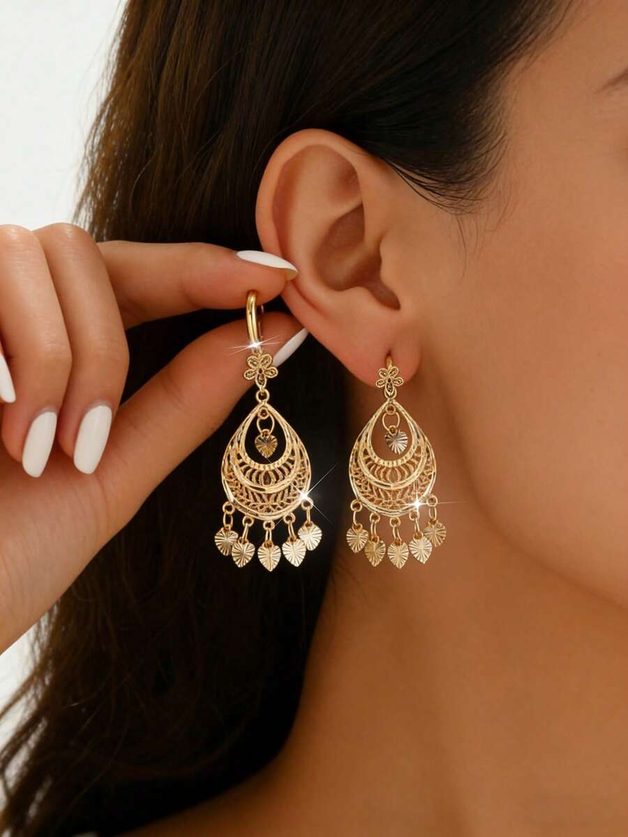 1对精致女士耳环，叶形流苏，复古宫廷风，新娘婚礼派对垂坠耳环，节日活动耳环，耳钩式情人节配饰 - 金色 - 查看 1