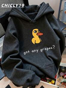 CHICLY19 Unisex Oversized "Got Any Grapes?" Duck Graphic Hoodie - Black Long Sleeve Pullover With Funny Yellow Duck Print & Playful Text. Loose Fit Cozy Sweatshirt, Soft Fabric, Kangaroo Pocket, All-Season Casual Streetwear For Daily Wear, Hangouts, School & Loungewear. Popular Humorous-Inspired Hooded Top For Teens & Young Adults. - 深灰色 - 查看 7