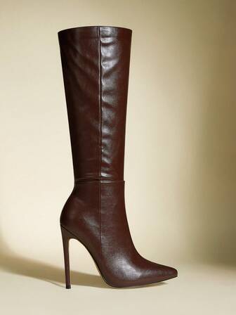 12cm Sexy & Fashionable Coffee Color Pointed Toe Side Zipper Casual Slim Fit Women's Knee-High Boots, Winter Fall Shoes, Style With Fall Clothes Go With Hoodies,Brown Boots,High Heels