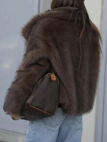 TRAFZA Women's Faux Fur Elegant Jacket, Casual Luxury Solid Color Coat, Warm Loose Women's Fashion Street Style Long Sleeve Jacket - Brown - View 8