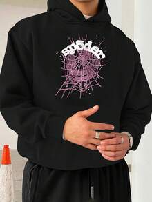 Spider Web Graphic Black Hoodie With 'Spider' Stylized Text & Decorative Dots, Casual Hooded Sweatshirt With Zipper Dark Pants Outfit - Featuring Hand With Rings/Watch, Background Cone Object, Light Wall, Perfect For  Streetwear & Spider Fans - màu đen - Xem 1