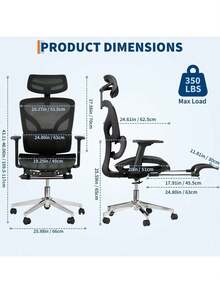 Silla de oficina ergonómica con respaldo de malla transpirable, soporte de espalda alta y reposapiés, silla de escritorio de oficina con reposabrazos ajustables en 3D y ruedas rodantes lisas, silla de escritorio cómoda para el trabajo, el estudio o los juegos - Negro - Ver 7