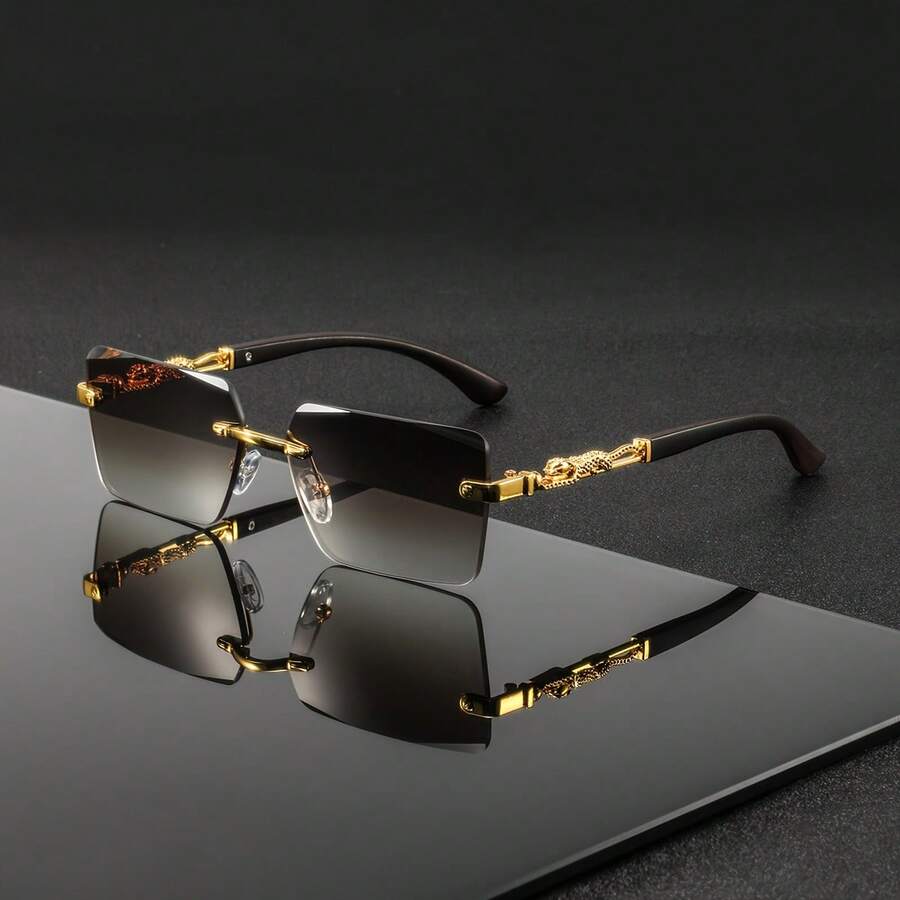 1 Pair Men's Metal Square Frameless Vintage Casual Elegant High-End Fashionable Glasses - 濃金雙灰木紋腳 - 查看 1