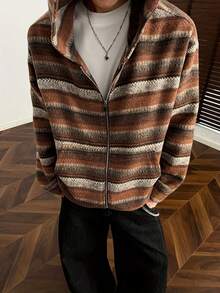 メンズ カジュアル ストライプ フード付き ジャケット  おしゃれ ルーズフィット ソフトシェル 大きなポケットとジッパー付き - ブラウン - チェックする 6