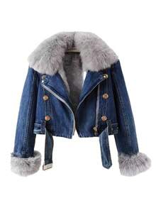 Abrigo De Conejo Mujer Otoño Invierno Nuevo Desmontable Imitación Zorro Pelo De Conejo Bebé Interior Abrigo De Vaquero Mujer Top Corto Pie Superar - Azul oscuro - Ver 1