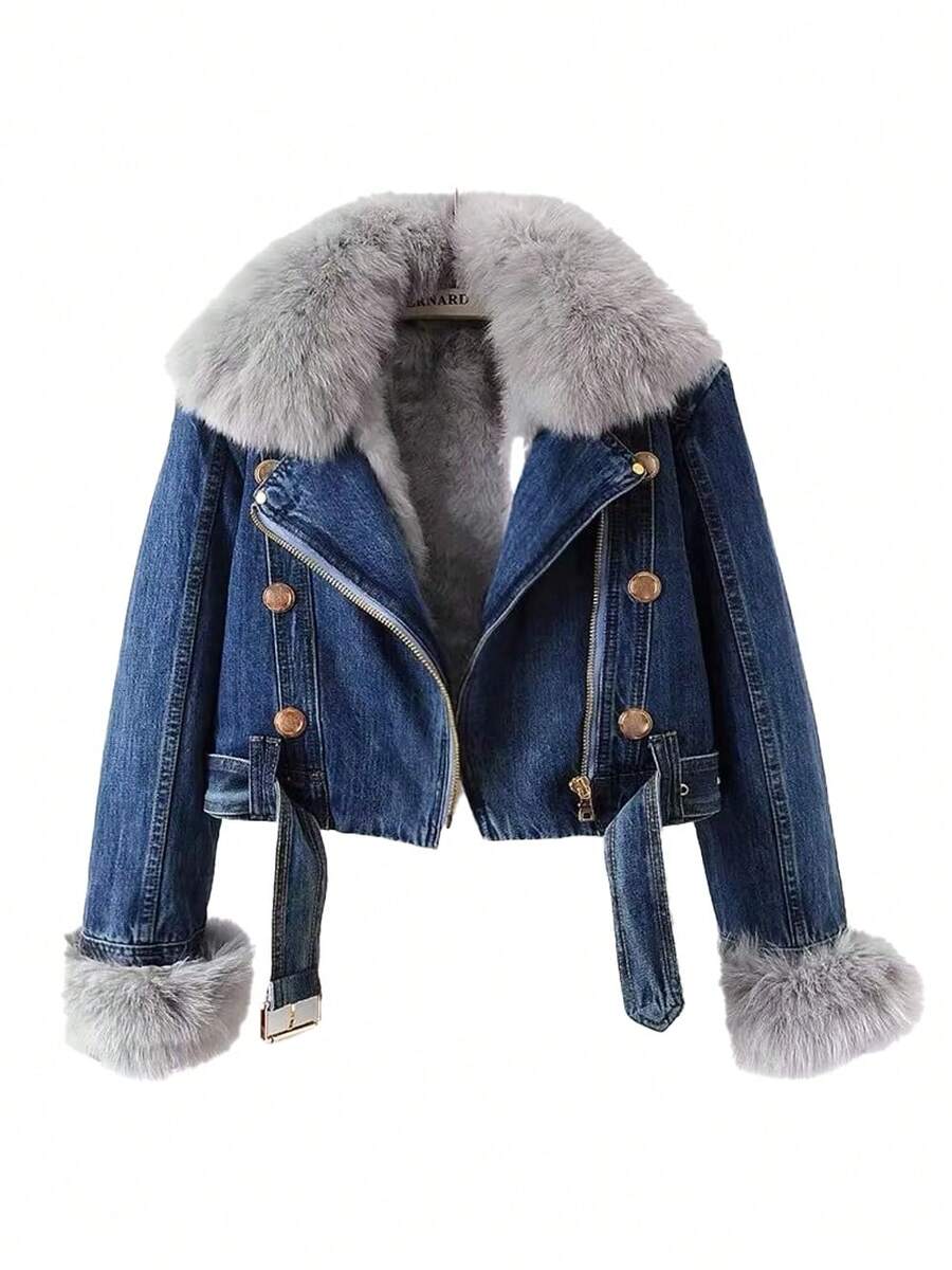 Abrigo De Conejo Mujer Otoño Invierno Nuevo Desmontable Imitación Zorro Pelo De Conejo Bebé Interior Abrigo De Vaquero Mujer Top Corto Pie Superar - Azul oscuro - Ver 1