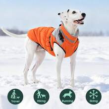 1pc Dog Jacket, 2-In-1 Built-In Leash Dog Coat, Winter Waterproof Small Dog Down Jacket Snow Suit, Suitable For Small/Medium/Large Dogs, Cold Weather Reflective Pet Fleece Hunting Vest With Zipper - Orange - View 8