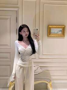 1pc Women Deep V-Neck Twist Knot Hem Long Sleeve Base Layer Top - White - View 3