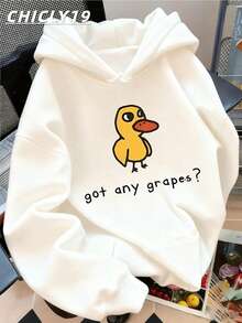 Women Got Any Grapes Funny Yellow Duck Cartoon Graphic Hoodie Oversized Long Sleeve Pullover Black Cute Meme Casual Street Loose Hooded Sweatshirt - 白色 - 查看 8