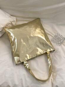 新款简约亮面字母印花两件套单肩包，大容量个性化软PU漆面通勤手提包，高光镜面时尚购物手提包 - 金色 - 查看 5