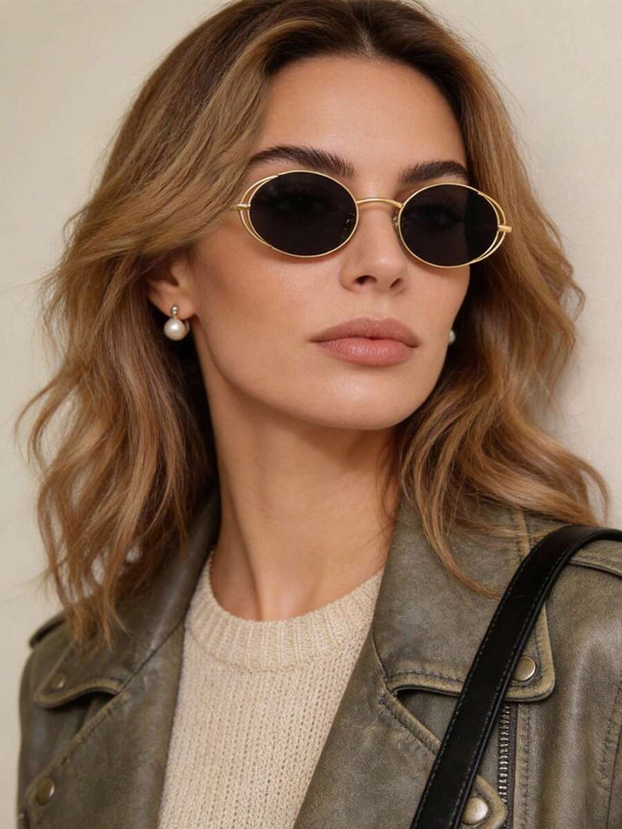 1 Pair Oval Small Frame Hollow Fashion Glasses, Vintage Elegant Versatile Women's Glasses, Suitable For Daily Wear, Street Photography, Vacation, Travel, Summer Beach, Outdoor Activities, Travel Beach Accessories - Dark Grey - View 1