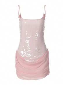 Đầm dự tiệc, đi club, du lịch, nghỉ lễ, màu hồng thanh lịch dành cho nữ, đính sequin, kiểu dáng gợi cảm với dây đeo mảnh, thích hợp cho mùa xuân/hè. - Hồng - Xem 8