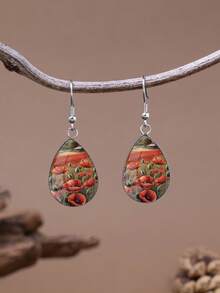 1 Pair Flower Pattern Paired With Convex Glass 316 Stainless Steel Water Drop Earrings, Vintage Minimalist Style Suitable For Women's Daily Wear And Gift, Elegant Minimalist Style Jewelry Earrings Suitable For Women's Daily And Holiday Wear - Silver - View 5