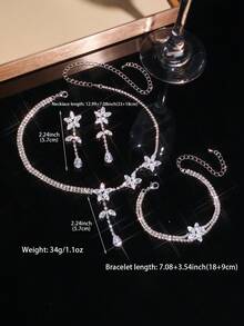 4pcs/Set Micro-Inlaid Zirconia Flower Necklace, Earrings And Bracelet, Fashionable And Elegant, Suitable For Women's Daily Commute, Campus Date, Wedding Party, Valentine's Day, Holiday Gift And Other Occasions - White - View 5