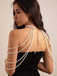 DEKUNER Elegant Multi-Layer Faux Pearl Handmade Beaded Necklace, Women's Wedding Party Accessory, Versatile Sweater Chain - White - View 10