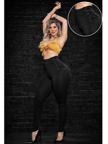 Women's Leggings With Butt Lift, High Waist, Side Eyelets, Zero Transparency - 黑色 - 查看 2