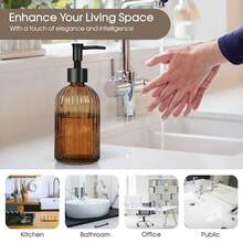 Stripe-Patterened Glass Soap Dispenser With Black Plastic Pump, 400ml Liquid Hand Soap Dispenser, Rustproof Pump For Kitchen & Bathroom, Great For Lotions, Essential Oil, Liquid Soaps-Amber - 條紋琥珀色 - 查看 6