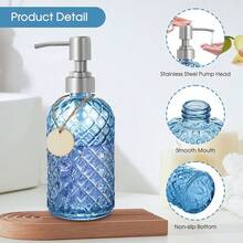 Gem-Patterned Glass Soap Dispenser With Rust Proof Stainless Steel Pump-13 Oz Liquid Hand Soap Dispenser For Kitchen & Bathroom,Great For Lotions, Essential Oil, Liquid Soaps-Blue - Biru permata - View 4