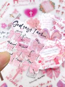 50pcs Pink Bow Sticker Bible Phrases PET Transparent Decals For Water Bottle Laptop Luggage Computer Scrapbook Journal Phone Stickers - Multicolor - View 7