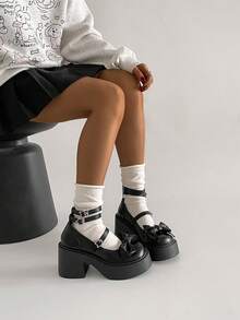 1 par de zapatos con plataforma, decoración de lazo y hebilla de cuero sintético, estilo JK, adecuados para todas las estaciones - Negro - Ver 8