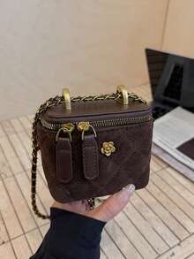 Woven Texture Handbag Women, Chain Strap Crossbody Square Bag, Versatile Beach Vacation Bag, Spring/Summer - Coffee - View 8