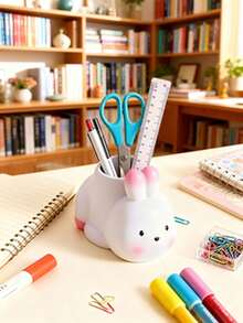 1个可爱兔子笔筒兼化妆刷收纳架，萌趣卡通桌面摆件，创意个性化化妆刷收纳架，文具收纳，适用于家居装饰、户外花盆、插画工具，适用于情人节、复活节等节日（兔耳朵颜色随机） - 彩色 - 查看 4