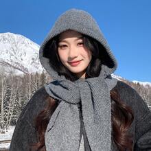 Red Balaclava Hat Women, Autumn And Winter Knitted Hat, Warm Ear, Windproof Shawl Hat And Scarf Combo - Khăn quàng cổ/mũ trùm đầu màu đen A-669 - Xem 4