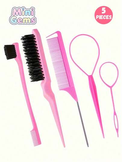 5件套染发工具套装 - 包括梳子、造型梳、眉刷、尖尾梳和金属梳 - 适用于卷发和各种发型，不含护发精华和美发配件