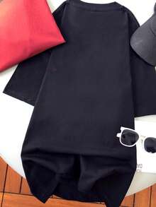 棉质字母印花短袖中长款T恤，时尚休闲女式上衣 - 黑色 - 查看 2