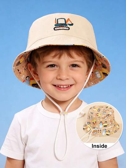 1pc Reversible Toddler Dinosaur Pattern Sun Hat With Chin Strap, Cute Cartoon Beach Hat For Spring/Summer Outdoor