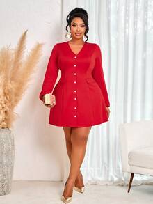 BIUBIU Đầm dài tay cổ chữ V màu đỏ cỡ lớn, có cúc và túi, chất liệu vải dệt kim, dáng xòe đến đầu gối. - Đỏ sáng - Xem 2