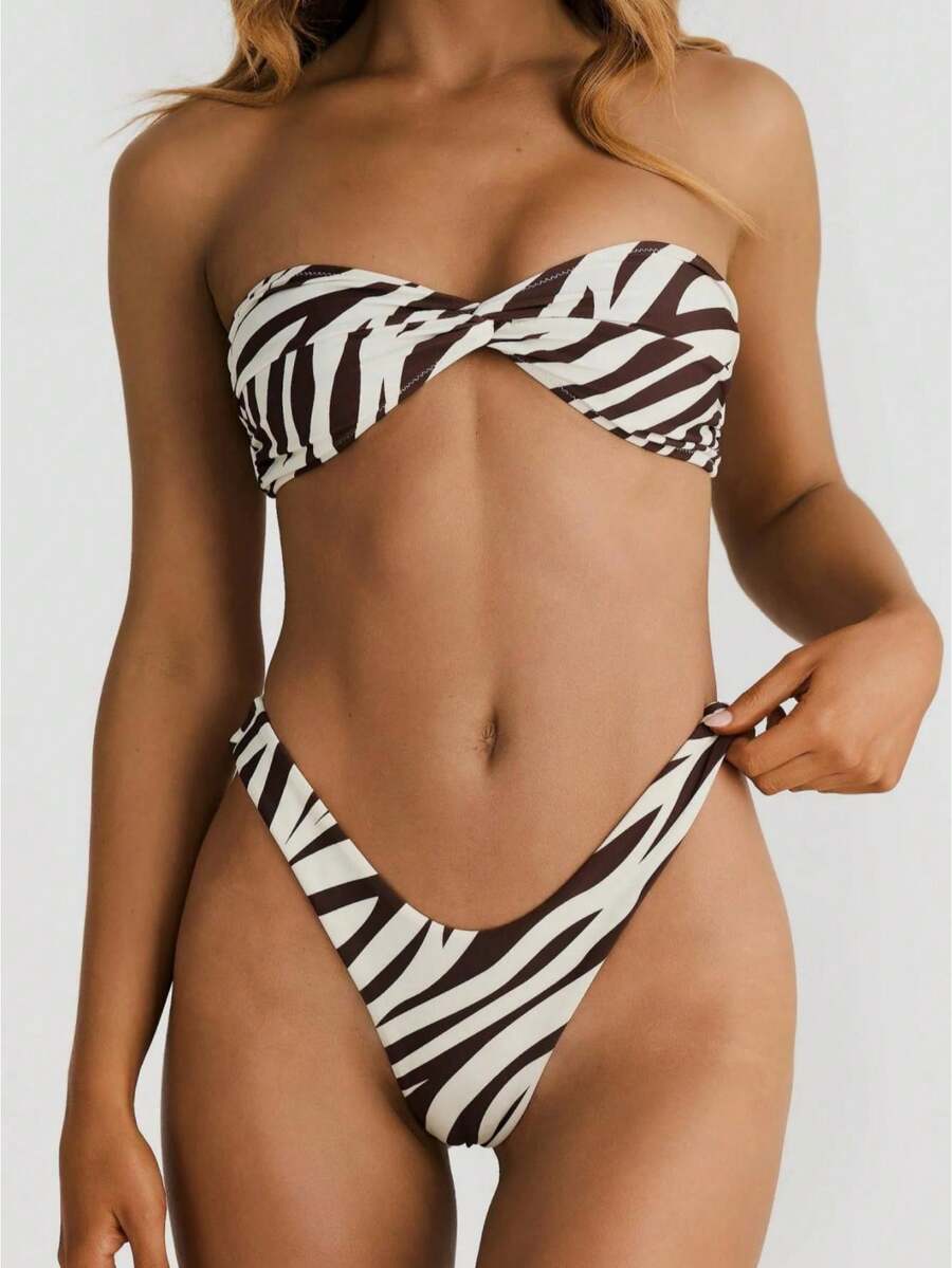 Women Y2k Bikini Set Polka Dot Print Strapless Bra Bandeau Top With High Cut Briefs Bathing Suit 2-Piece Swimsuit Beach Vacation Beachwear - 黑與白 - 查看 1
