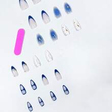 24 Minimalist High-End Almond Crocodile Stripes Gradual Change Color Navy Gradual Change Glitter Gold Edge And Gold Pearl Nail Stickers, Suitable For Women, Suitable For Daily Commuting, Dating, Beach - đàn bà - Xem 4