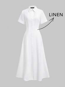 Elegant Linen Casual Commute Minimalist Office Daily Linen Dress, Summer Dresses, Elegant Dresses For Women, Casual Dresses For Women, White Dress - White - View 7
