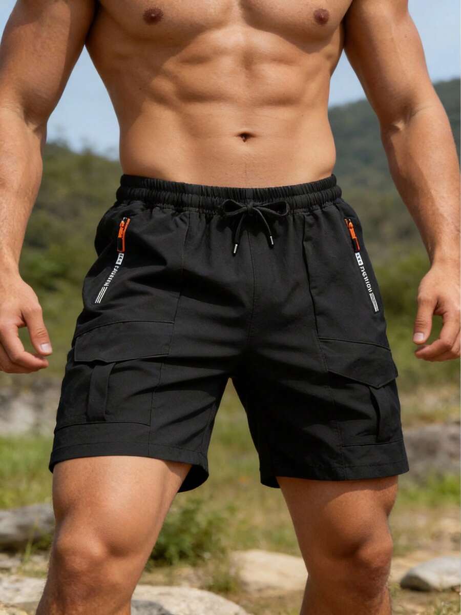 Pantalones cortos cargo versátiles para hombres, pantalones cortos de trabajo de pierna recta holgada con múltiples bolsillos para el desplazamiento diario y deportes - Negro - Ver 1