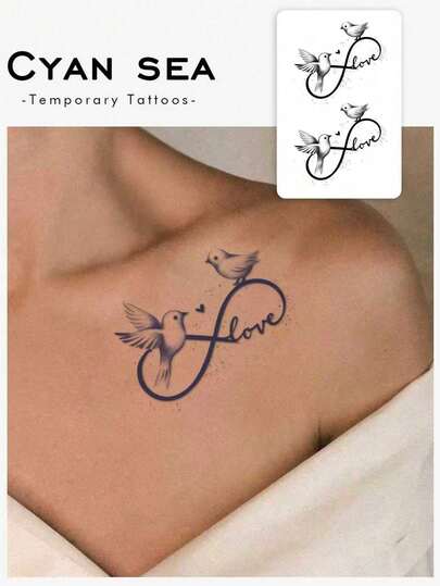 Valentine's Day Special: One Set Of Washable, Waterproof, Sweat-Proof, And Non-Reflective Herbal Temporary Tattoo Stickers That Can Last 7-14 Days. The Design Features Simple Line Art In Heart And Bird Shapes, Perfect For Fashion-Conscious Individuals For Everyday Use.