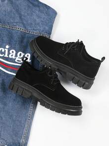 Men's Paris Round Toe Casual Shoes, Thick Sole Elevator Black Matte Derby Loafers