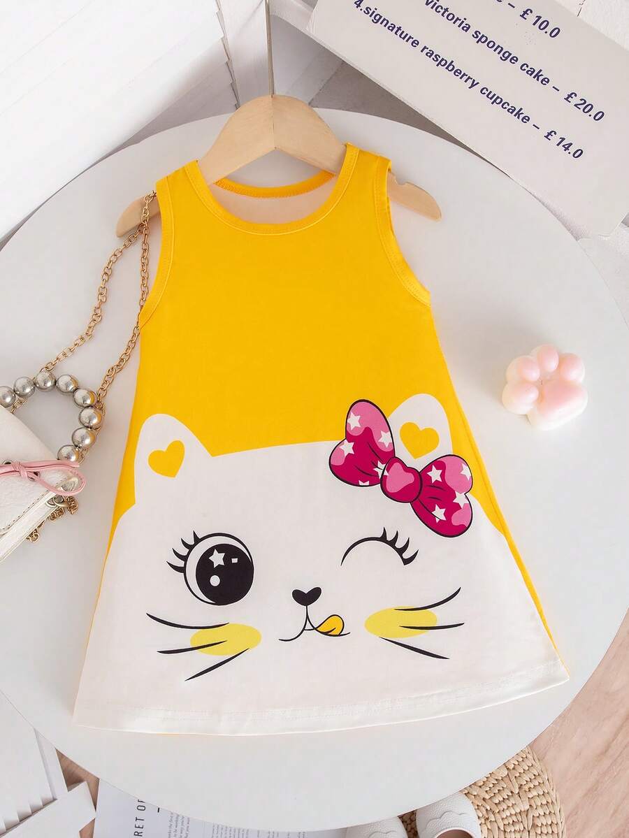 Baby Girls Cute Cartoon Cat & Bow Print Sleeveless Casual Dress - Yellow - View 1