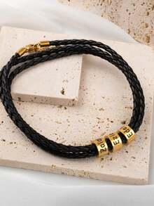 Customized Personalized Men's Leather Bracelet With 1-5 Names, A Dad Bracelet, Father's Day Gift, Christmas Gift For Him, Family Gift, Boyfriend Gift, Valentine's Day Gift, Birthday Gift, Wedding Gift, Groomsmen Gift, Jewelry. - Gold - View 3