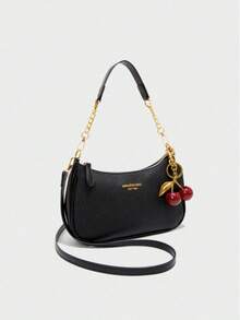 1pc Women's Solid Color PU Shoulder Bag, Versatile Underarm Bag For Work Commute, Adjustable Strap Crossbody Bag, Comes With Large Cherry Pendant, New Fashion Classic Versatile PU Waterproof Fabric M Letter Pattern Shoulder Bag, Printed Design Metal Chain Decoration Design French Baguette Bag, Women's Shoulder Bag Suitable For Shopping. Commuting, Travel Use - 黑色 - 查看 2