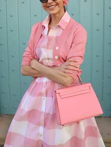 Elegant Checkered Shirt Midi Dress - 粉色 - 查看 3