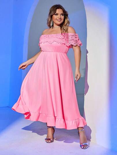 Large Elegant One Shoulder Lace Splicing High Waist Medium Length Party Dress Prom Birthday Party Evening Date Homecoming Party Wedding Guest Cocktail Reception Family Festival