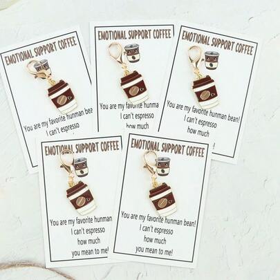 1pc/5pcs Coffee Cup Keychain With Inspirational Coffee Greeting Card - Fashionable Casual Style, Decorative Car And Bag Pendant, Ideal Birthday Gift For Friends And Family, Coffee Bar Accessory - Unique Coffee Themed Design, Perfect For Coffee Lovers