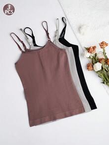 3 piezas Tops de camiseta interior sin costuras de unicolor para mujeres, elásticos y transpirables, para todas las estaciones - Multicolor - Ver 9