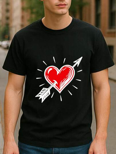 1 pieza de camiseta impresa para hombres, 100% algodón, camiseta de manga corta impresa minimalista en forma de corazón para el Día de San Valentín, camiseta deportiva de ajuste regular que absorbe el sudor y de secado rápido, top de moda para primavera, verano, otoño e invierno, regalo de amor, adecuada para la playa y actividades al aire libre, viajes casuales, compras diarias, tela, lavable a máquina, versátil para primavera, verano, otoño e invierno - Nueva colección de otoño/invierno: sudadera unisex de corte relajado de manga larga y cuello redondo